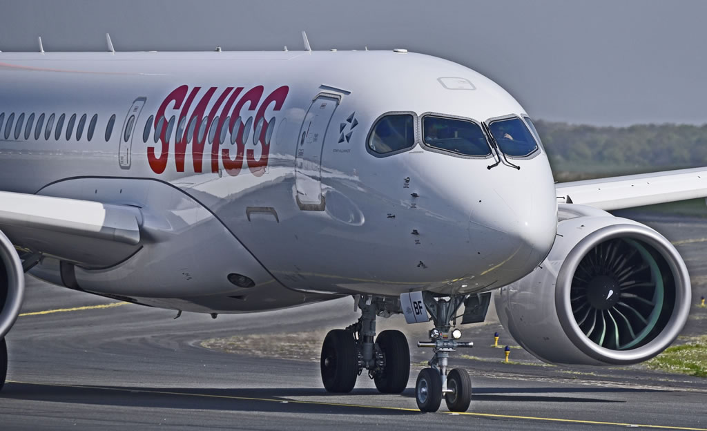 Distinctive nose of the Airbus A220 ... seen here is Swiss Air HB-JBF